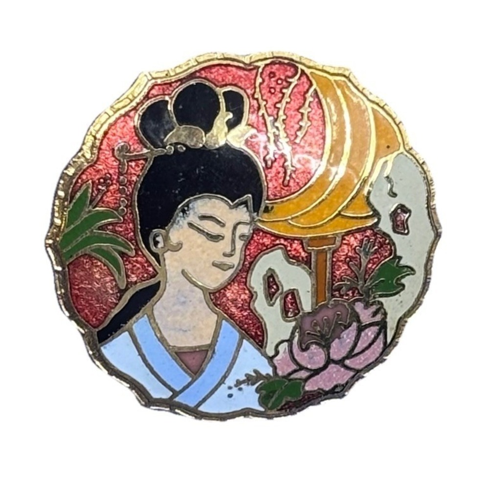 Vintage Cloisonné Enamel‎ Brooch Statement Pendant Chinoiserie Style